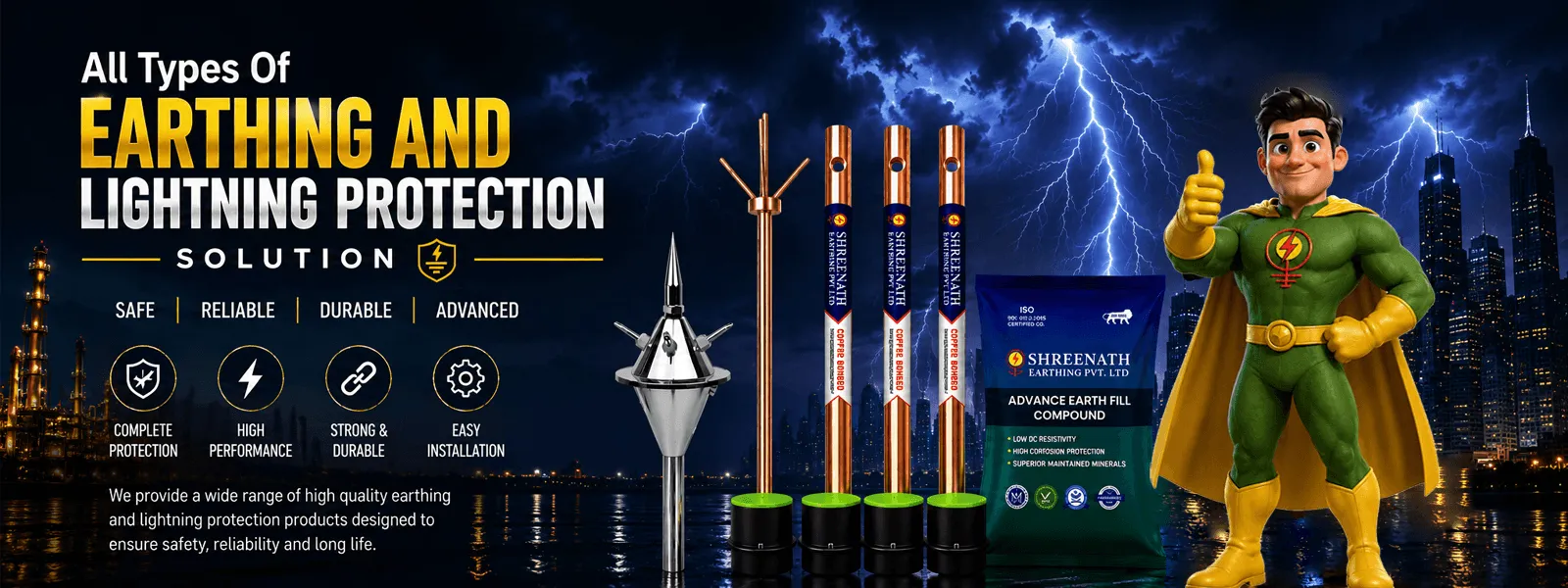SHREENATH EARTHING PVT LTD Conventional Lightning Arrester (La) Insulated Base Plates, Copper Bonded Earthing Electrodes, Pure Copper Earthing Electrodes
